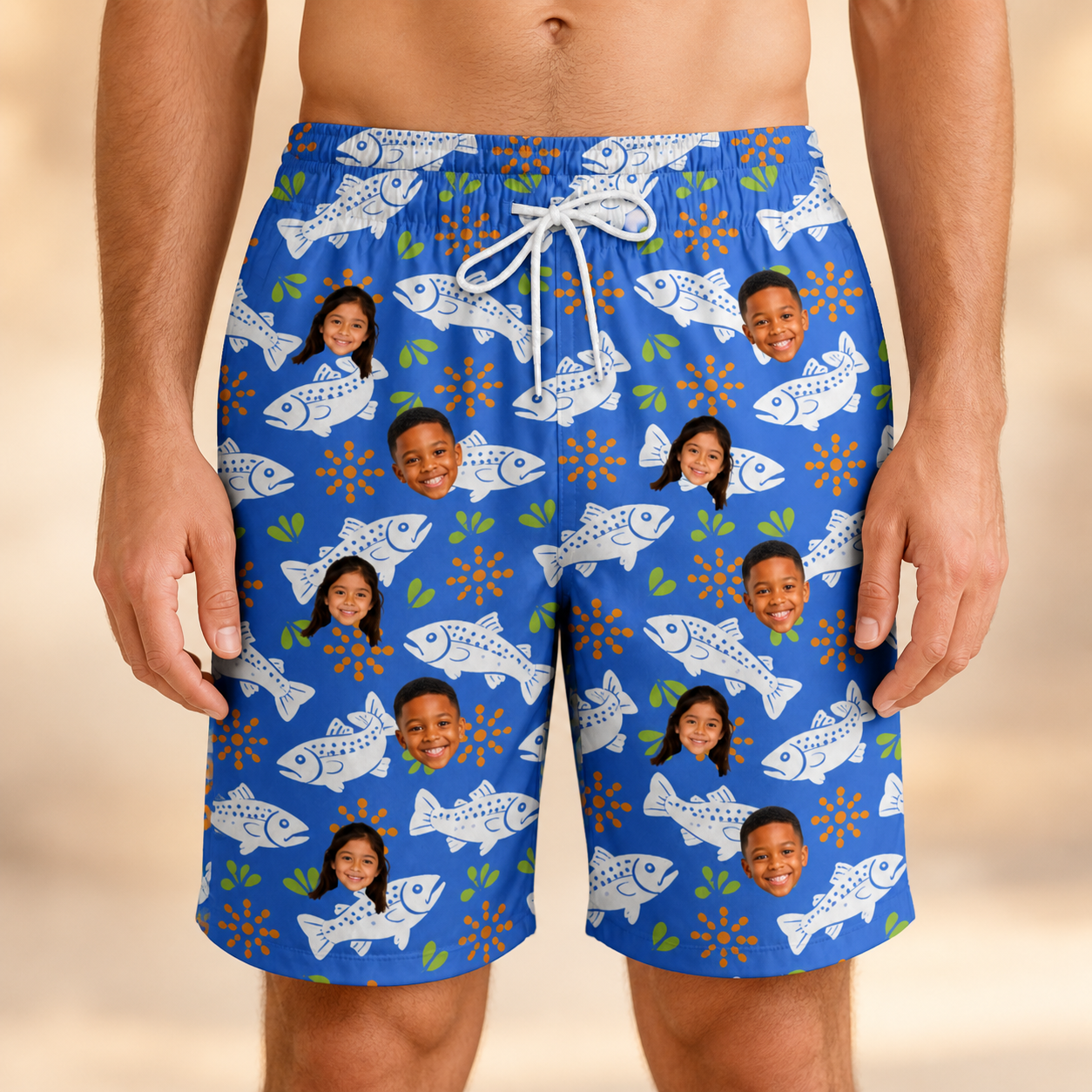 Model wearing Men's River Rascals Custom Face Beach Shorts printed with kids' faces