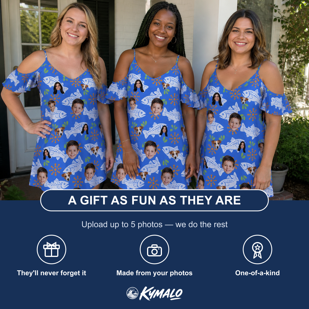 Friends in matching Women's River Rascals Custom Face Off-Shoulder Dress — a group gift photo