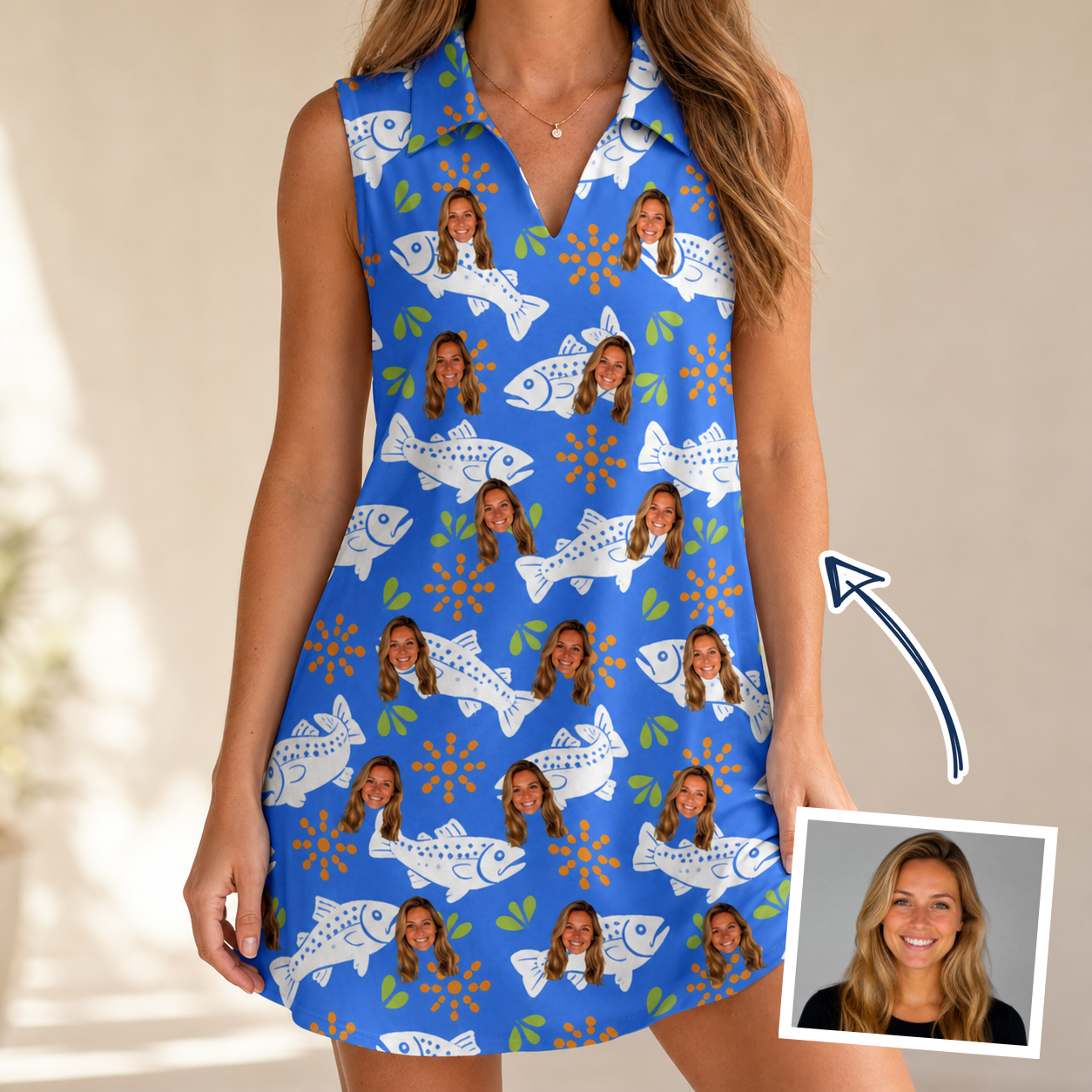 Woman wearing Women's River Rascals Custom Face V-Neck Dress — custom faces printed all-over