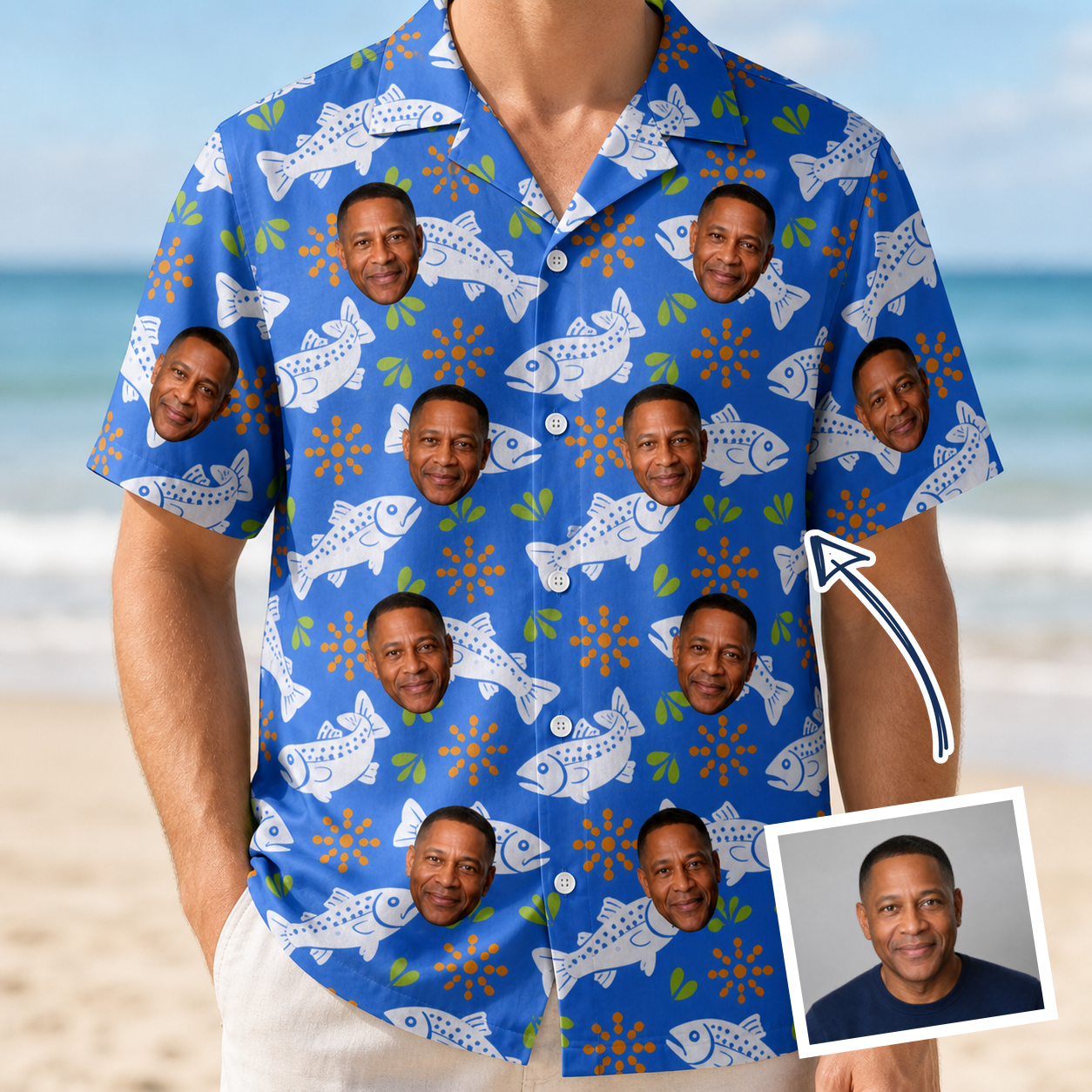 Man wearing Men's River Rascals Custom Face Hawaiian Shirt — custom faces printed all-over