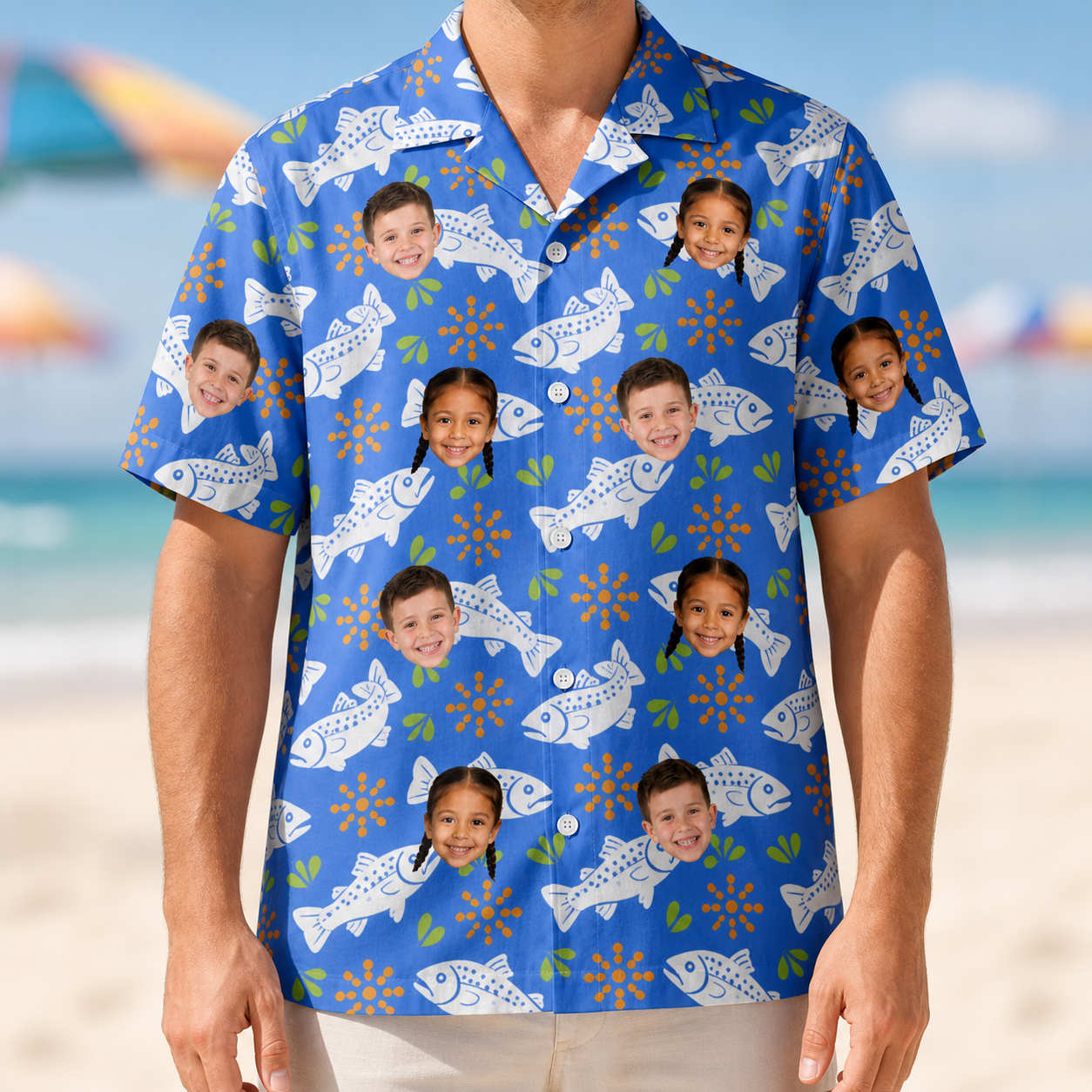 Model wearing Men's River Rascals Custom Face Hawaiian Shirt printed with kids' faces