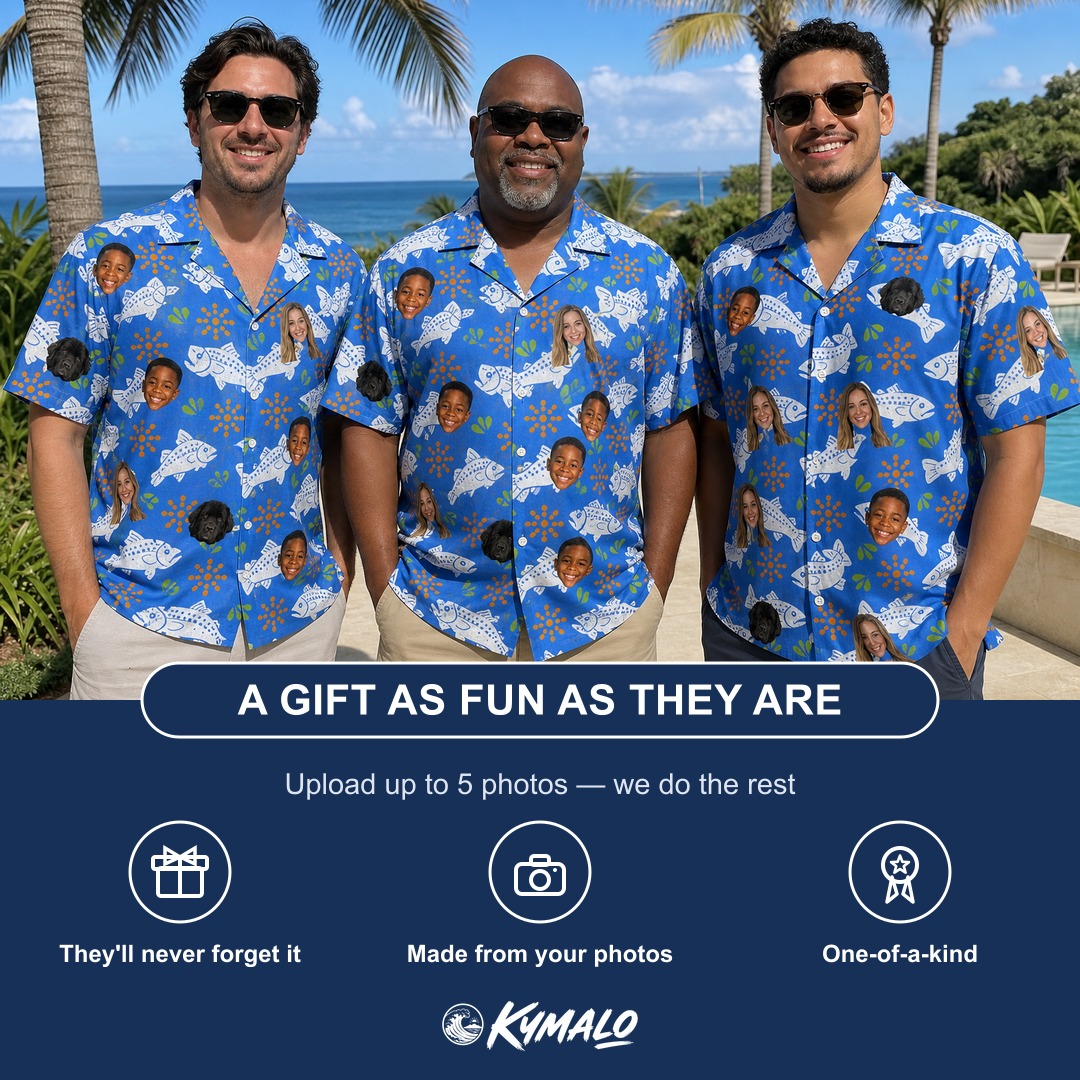 Friends in matching Men's River Rascals Custom Face Hawaiian Shirt — a group gift photo