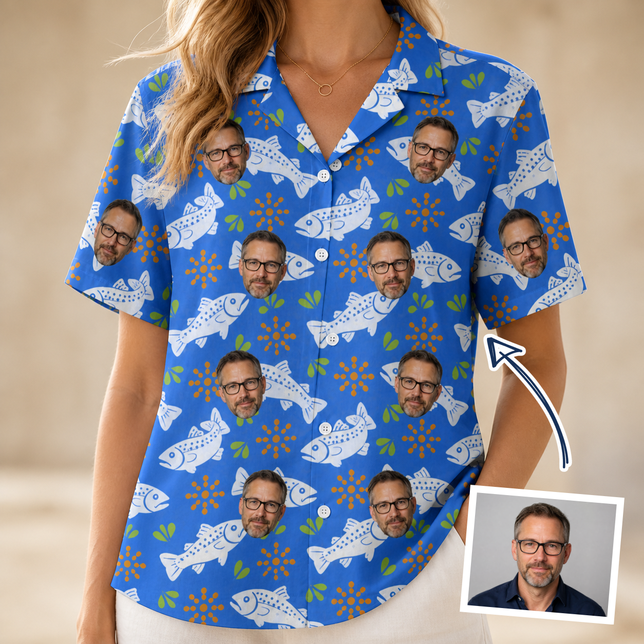 Woman wearing Women's River Rascals Custom Face Hawaiian Shirt — custom faces printed all-over