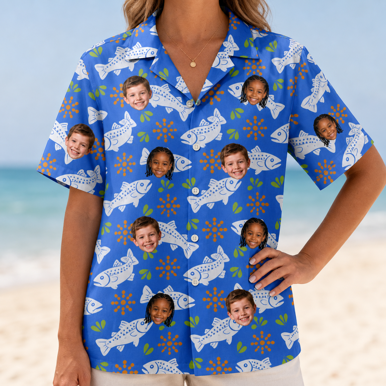 Model wearing Women's River Rascals Custom Face Hawaiian Shirt printed with kids' faces