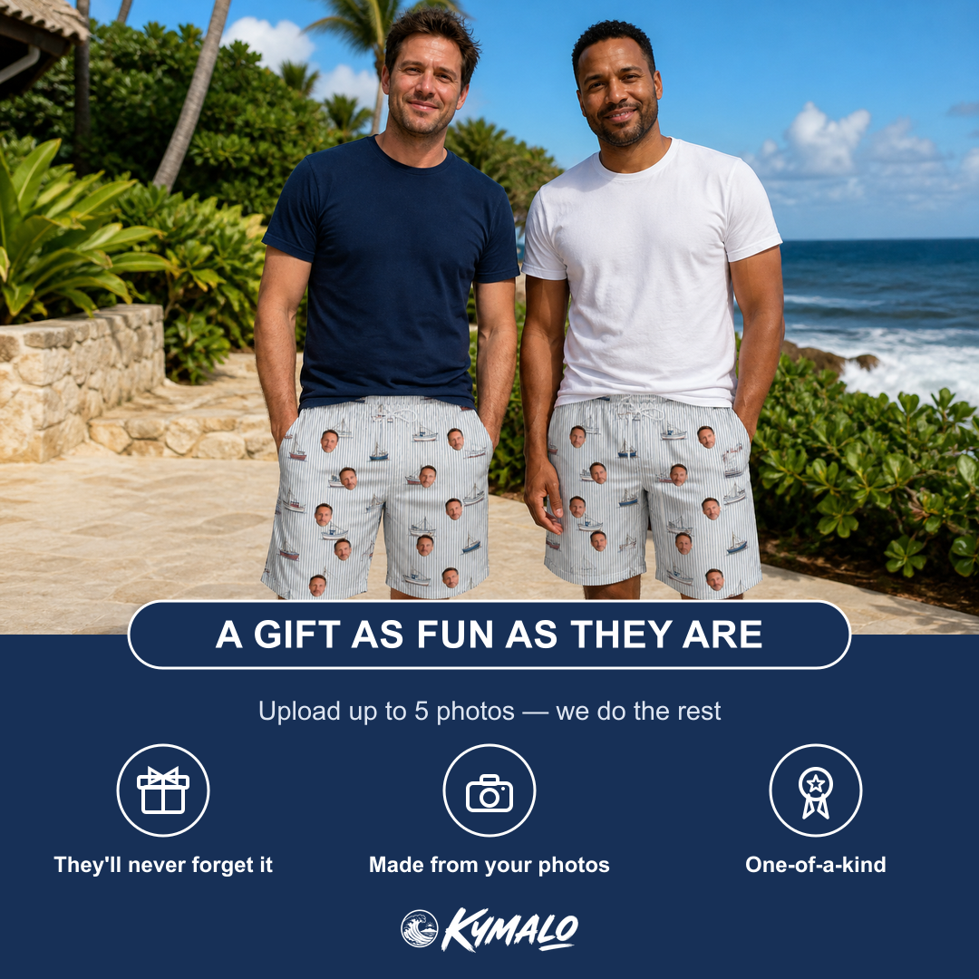 Friends in matching Men's Sardine Skippers Custom Face Beach Shorts — a group gift photo