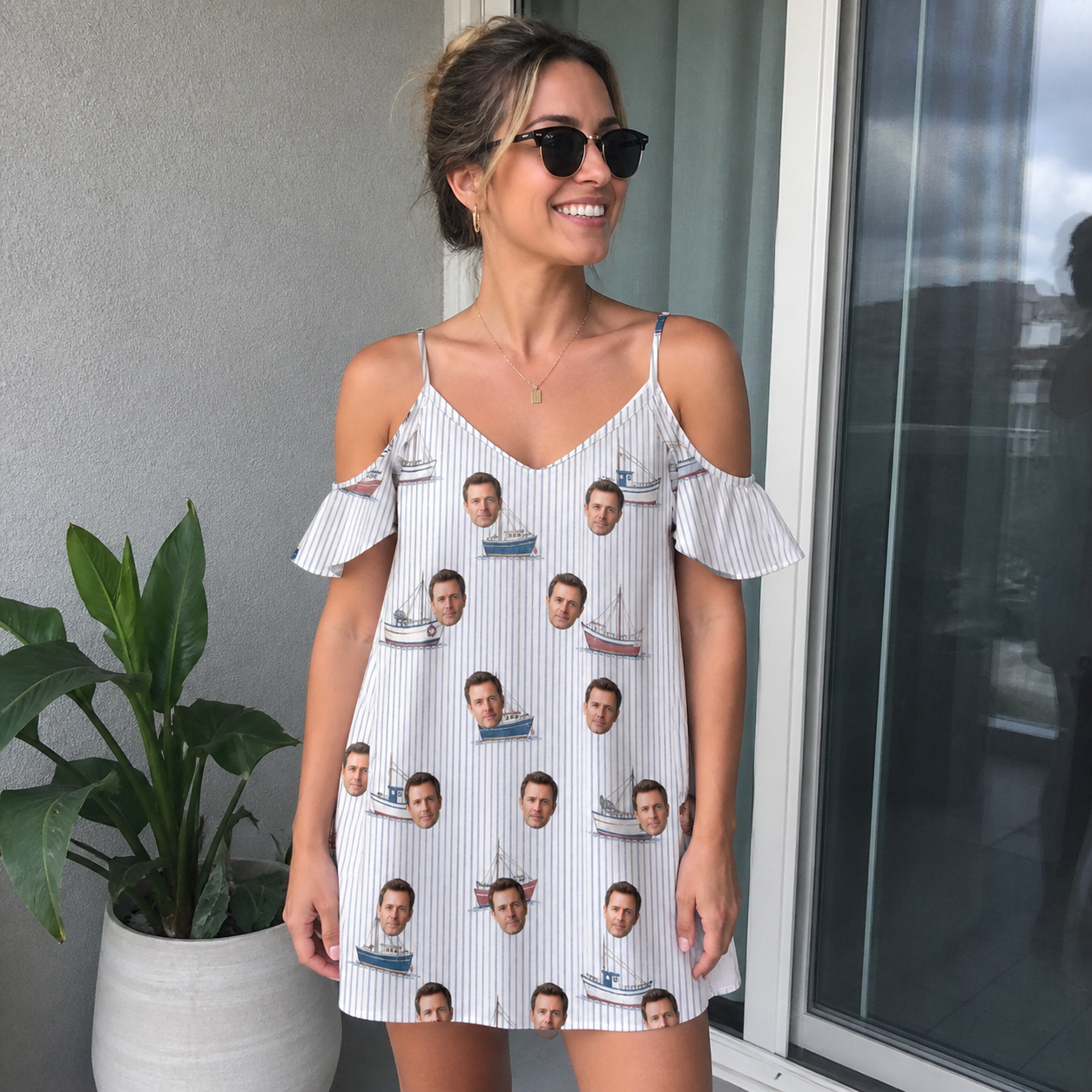Real-life photo of someone wearing Women's Sardine Skippers Custom Face Off-Shoulder Dress — custom faces printed all-over