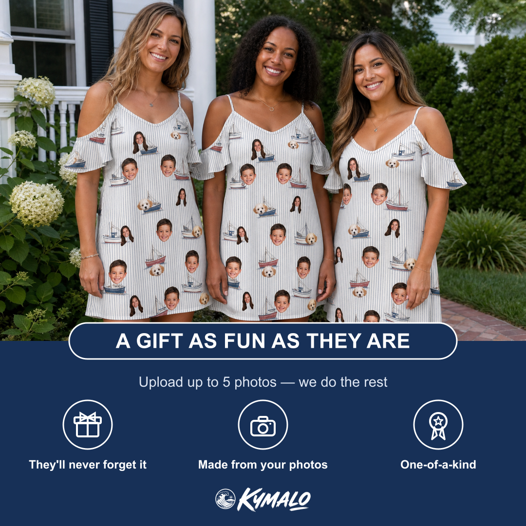 Friends in matching Women's Sardine Skippers Custom Face Off-Shoulder Dress — a group gift photo