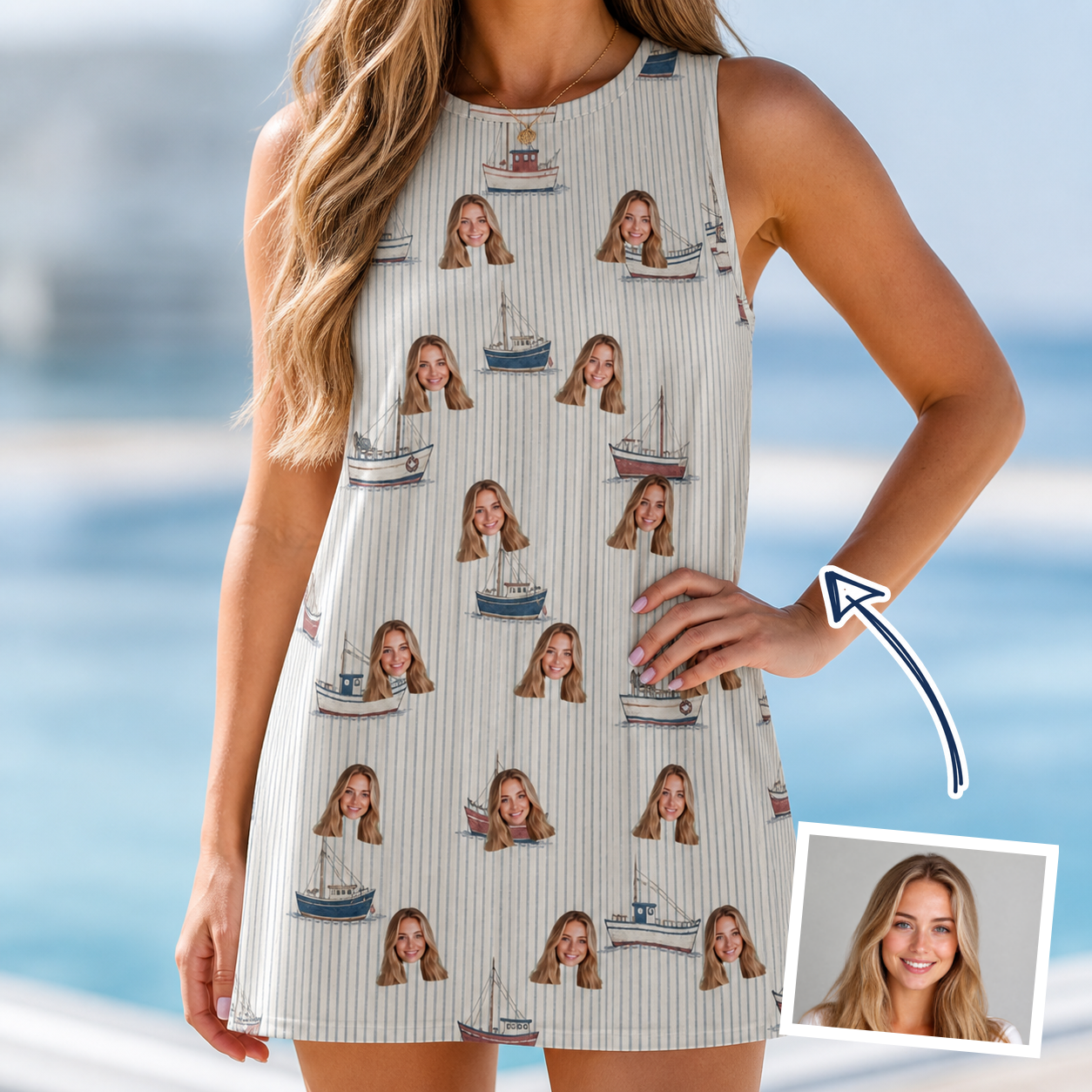 Woman wearing Women's Sardine Skippers Custom Face Tank Dress — custom faces printed all-over