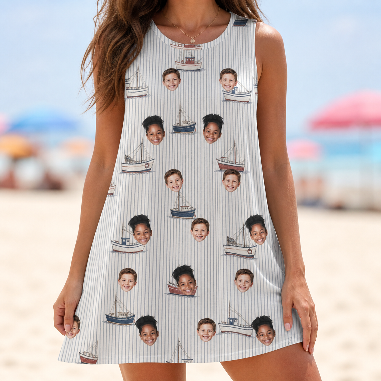 Model wearing Women's Sardine Skippers Custom Face Tank Dress printed with kids' faces
