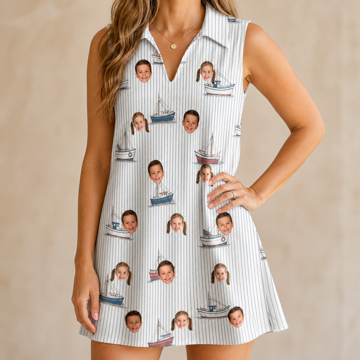 Model wearing Women's Sardine Skippers Custom Face V-Neck Dress printed with kids' faces