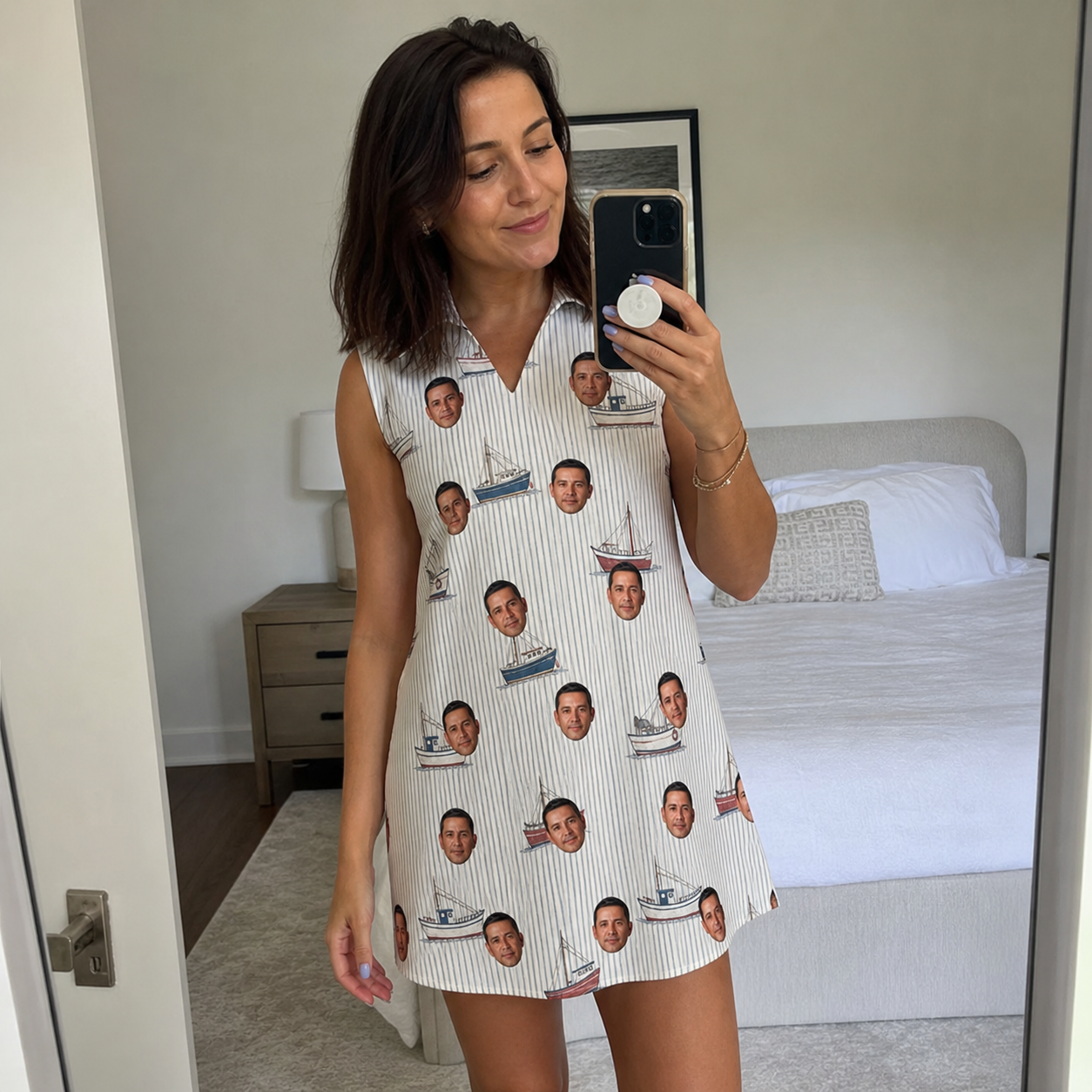 Real-life photo of someone wearing Women's Sardine Skippers Custom Face V-Neck Dress — custom faces printed all-over
