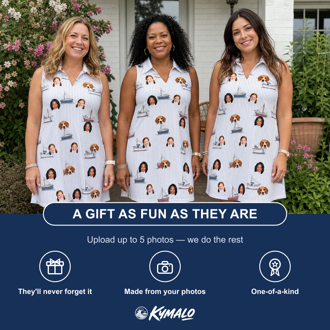 Friends in matching Women's Sardine Skippers Custom Face V-Neck Dress — a group gift photo