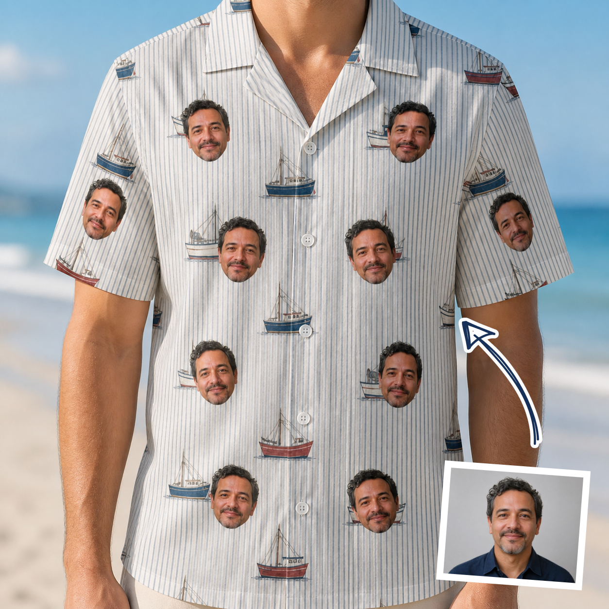 Man wearing Men's Sardine Skippers Custom Face Hawaiian Shirt — custom faces printed all-over
