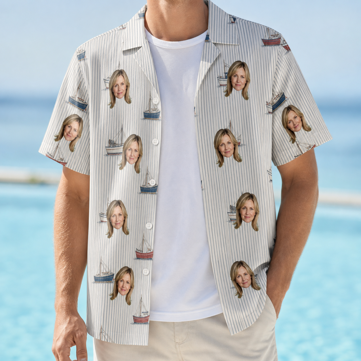 Man wearing Men's Sardine Skippers Custom Face Hawaiian Shirt open over a white tee