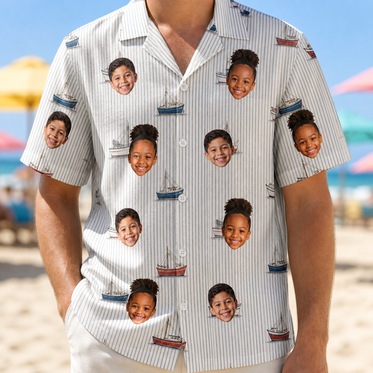 Model wearing Men's Sardine Skippers Custom Face Hawaiian Shirt printed with kids' faces