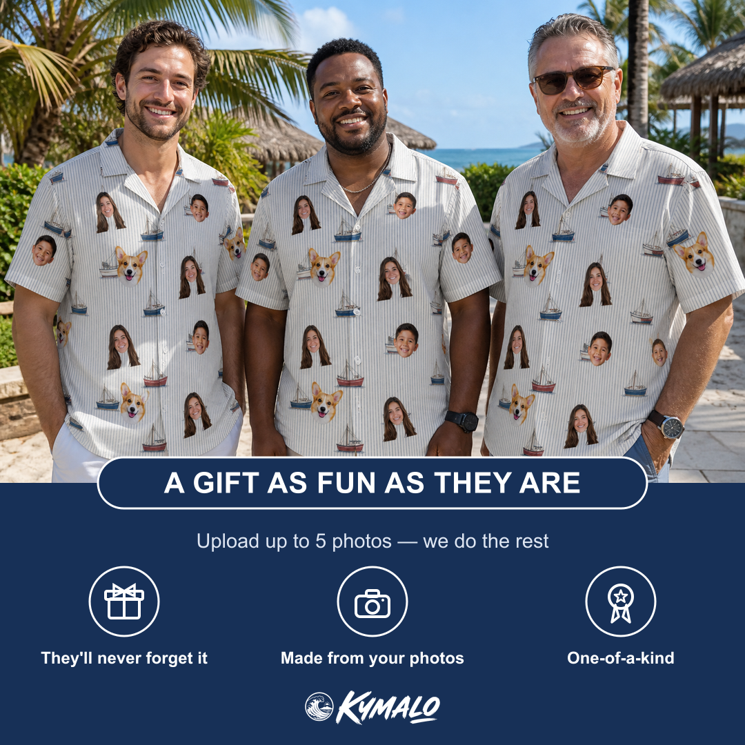 Friends in matching Men's Sardine Skippers Custom Face Hawaiian Shirt — a group gift photo