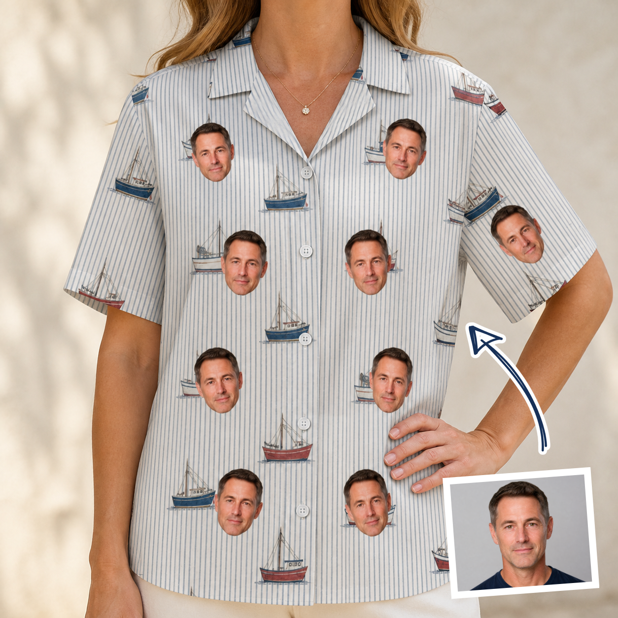 Woman wearing Women's Sardine Skippers Custom Face Hawaiian Shirt — custom faces printed all-over