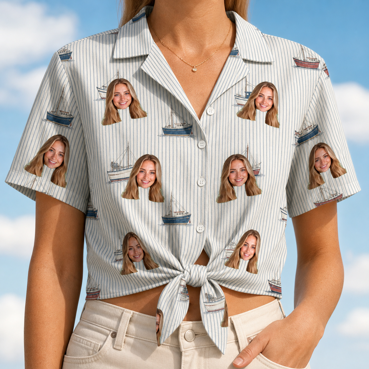 Woman wearing Women's Sardine Skippers Custom Face Hawaiian Shirt tied at the waist