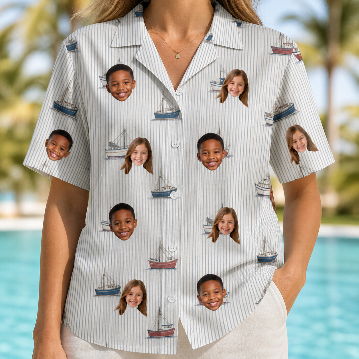 Model wearing Women's Sardine Skippers Custom Face Hawaiian Shirt printed with kids' faces