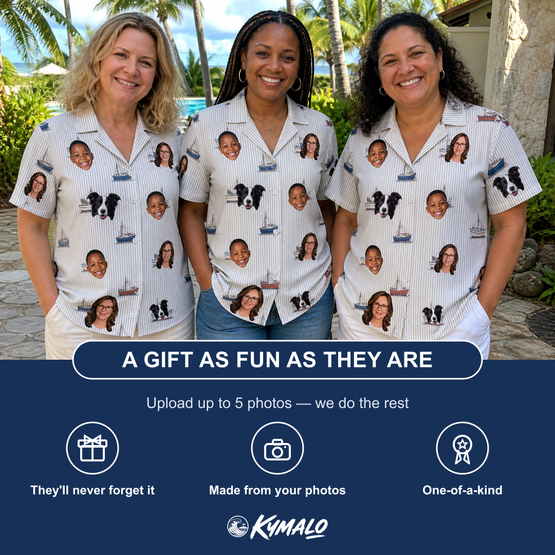 Friends in matching Women's Sardine Skippers Custom Face Hawaiian Shirt — a group gift photo