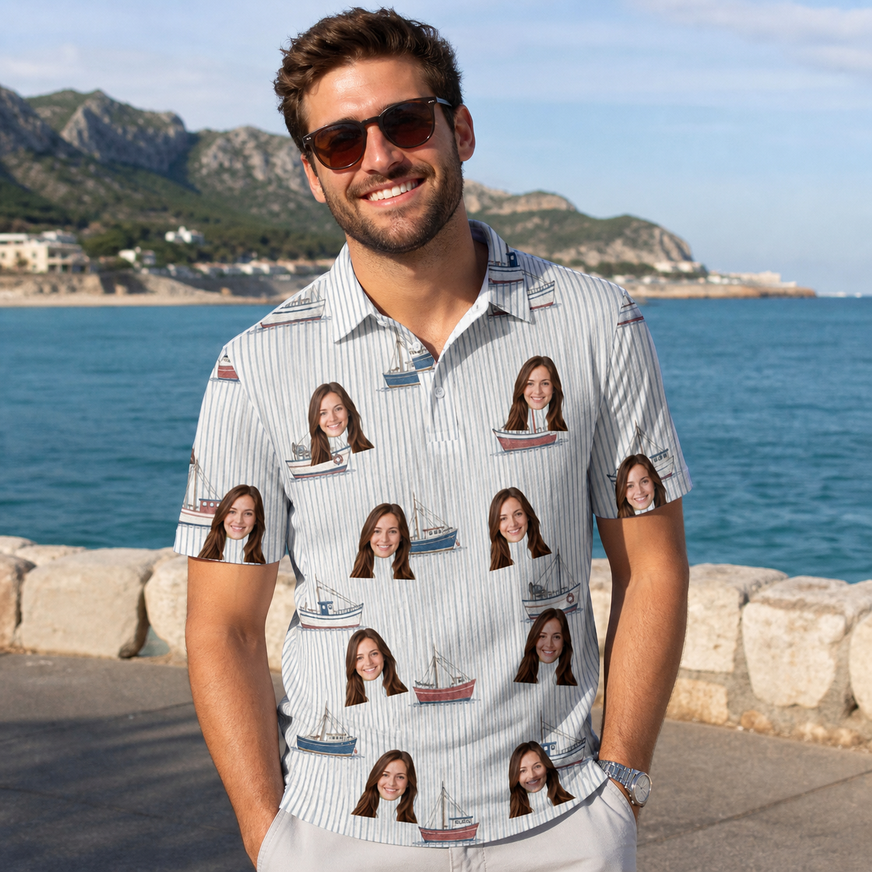Real-life photo of someone wearing Men's Sardine Skippers Custom Face Polo Shirt — custom faces printed all-over