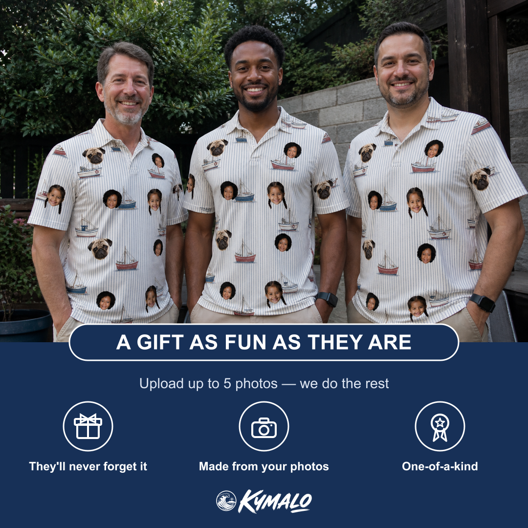 Friends in matching Men's Sardine Skippers Custom Face Polo Shirt — a group gift photo