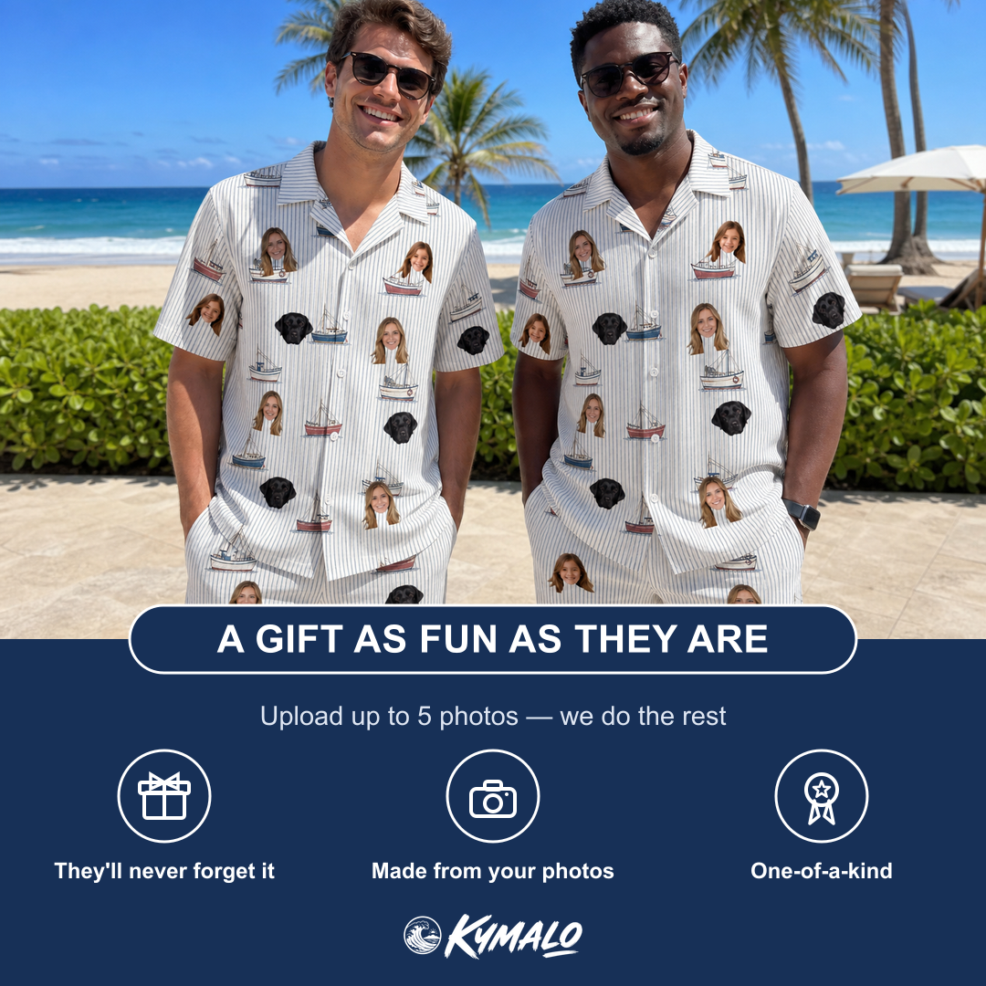 Friends in matching Men's Sardine Skippers Custom Face Shirt & Shorts Set — a group gift photo