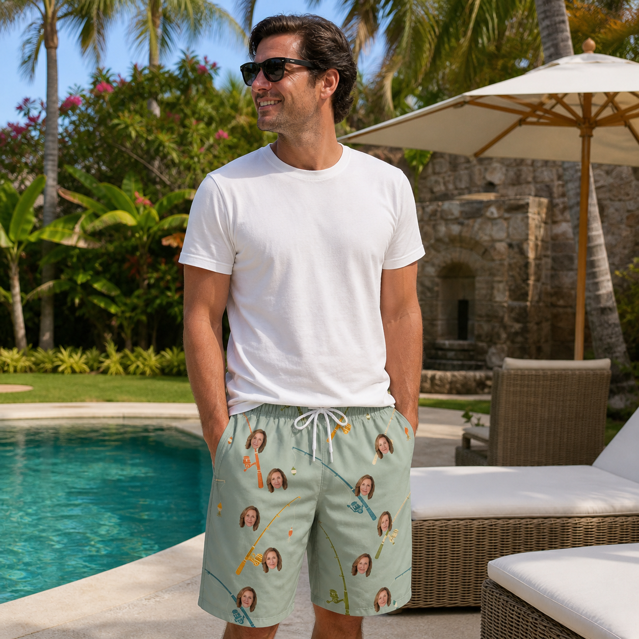 Real-life photo of someone wearing Men's Pole Position Custom Face Beach Shorts — custom faces printed all-over
