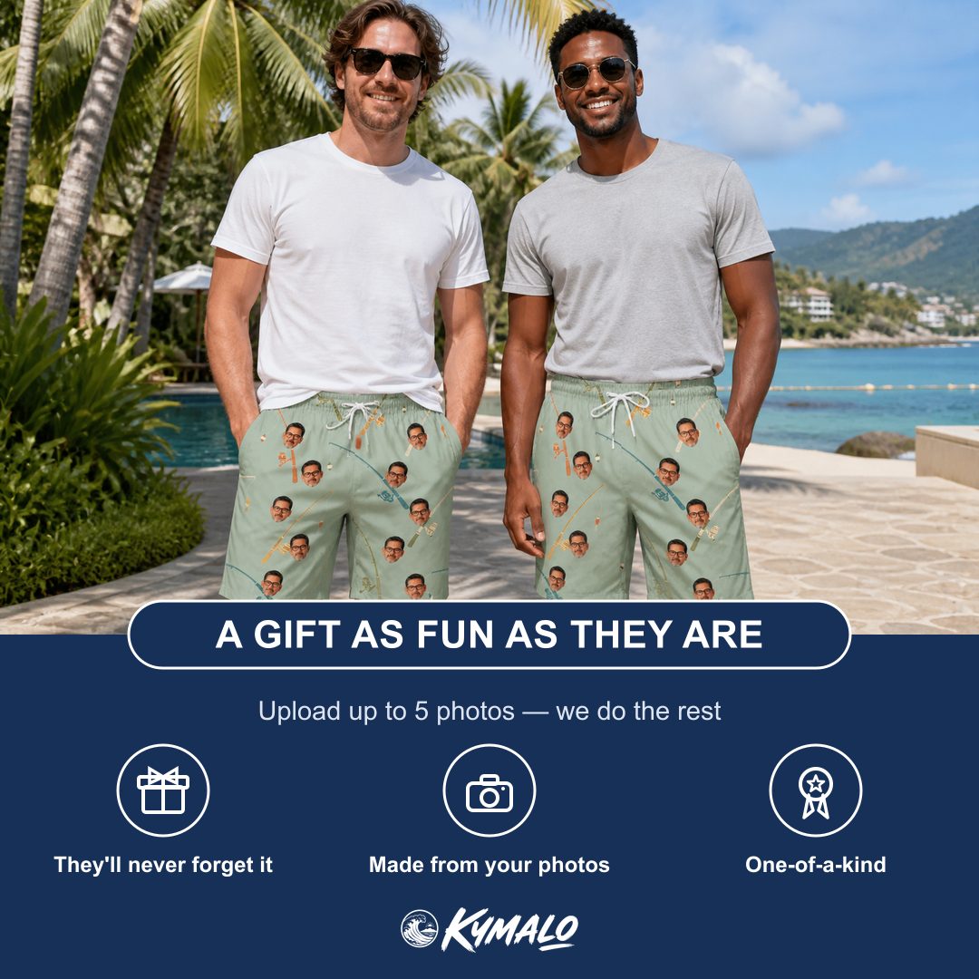 Friends in matching Men's Pole Position Custom Face Beach Shorts — a group gift photo