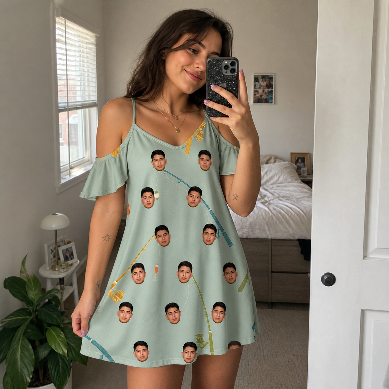 Real-life photo of someone wearing Women's Pole Position Custom Face Off-Shoulder Dress — custom faces printed all-over