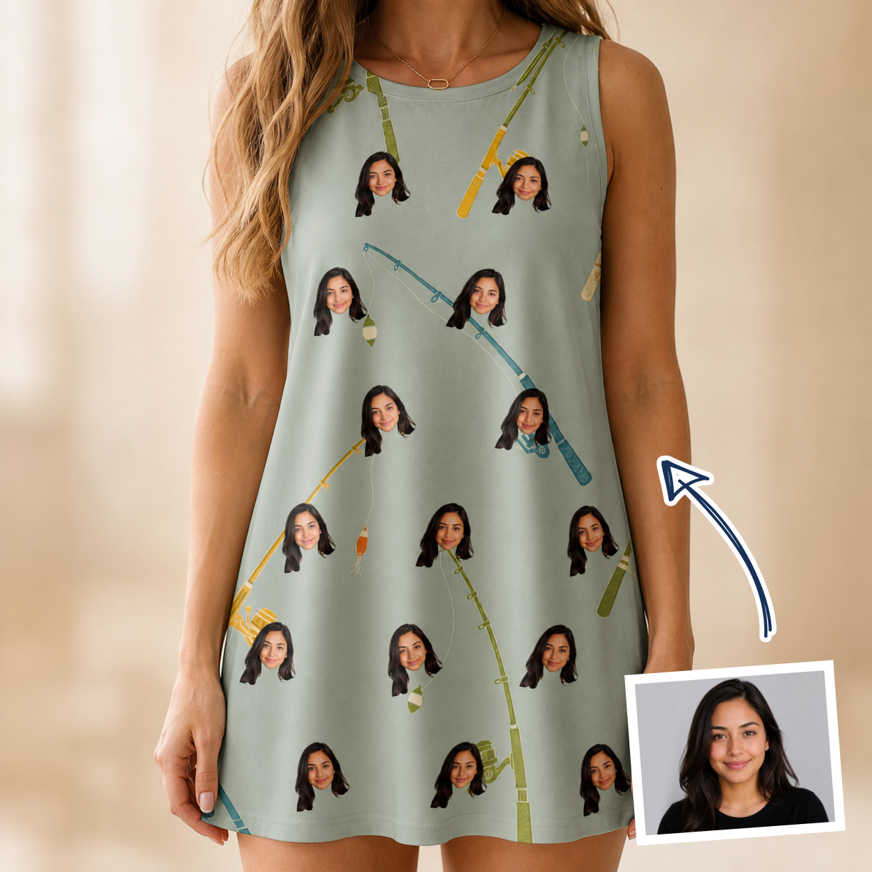 Woman wearing Women's Pole Position Custom Face Tank Dress — custom faces printed all-over