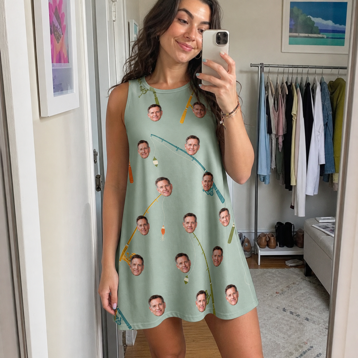 Real-life photo of someone wearing Women's Pole Position Custom Face Tank Dress — custom faces printed all-over