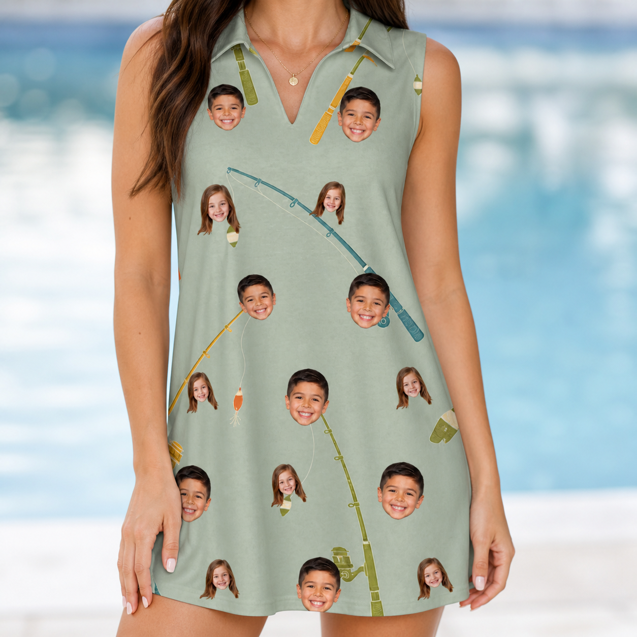 Model wearing Women's Pole Position Custom Face V-Neck Dress printed with kids' faces