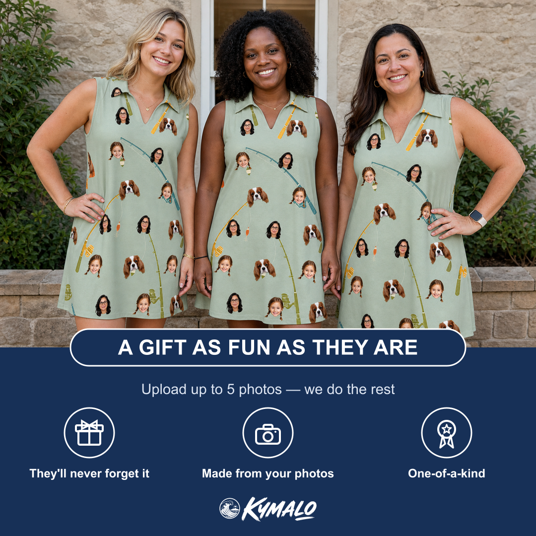 Friends in matching Women's Pole Position Custom Face V-Neck Dress — a group gift photo