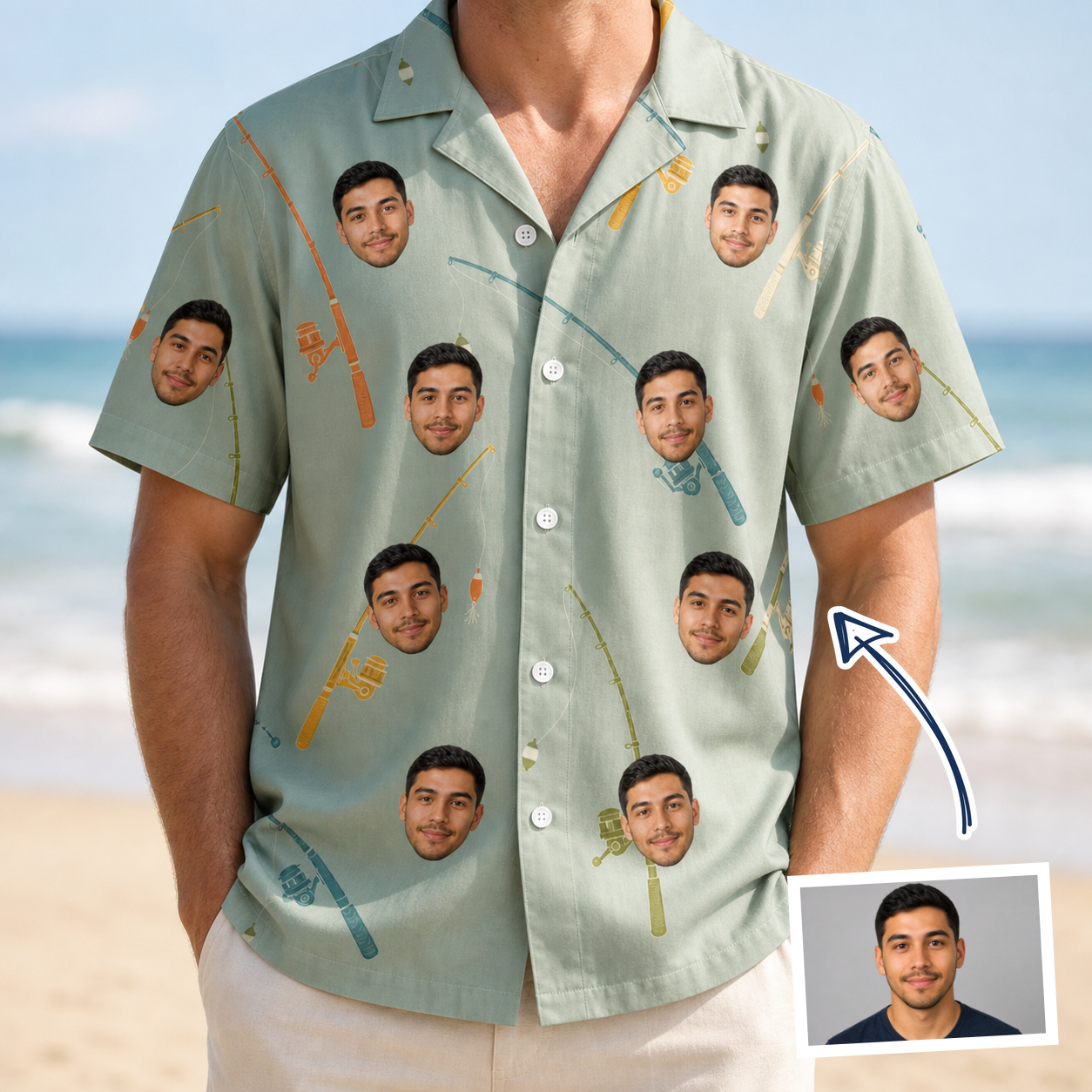 Man wearing Men's Pole Position Custom Face Hawaiian Shirt — custom faces printed all-over
