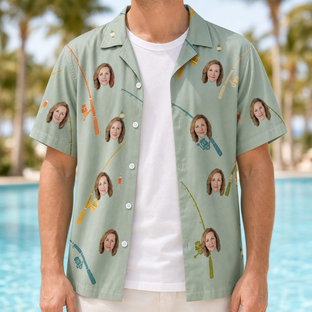 Man wearing Men's Pole Position Custom Face Hawaiian Shirt open over a white tee
