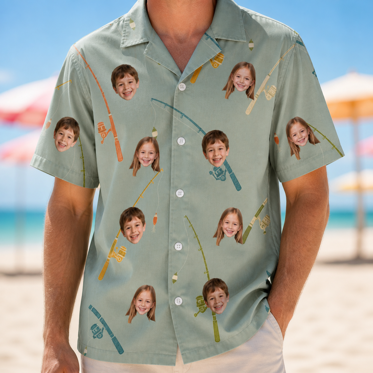 Model wearing Men's Pole Position Custom Face Hawaiian Shirt printed with kids' faces