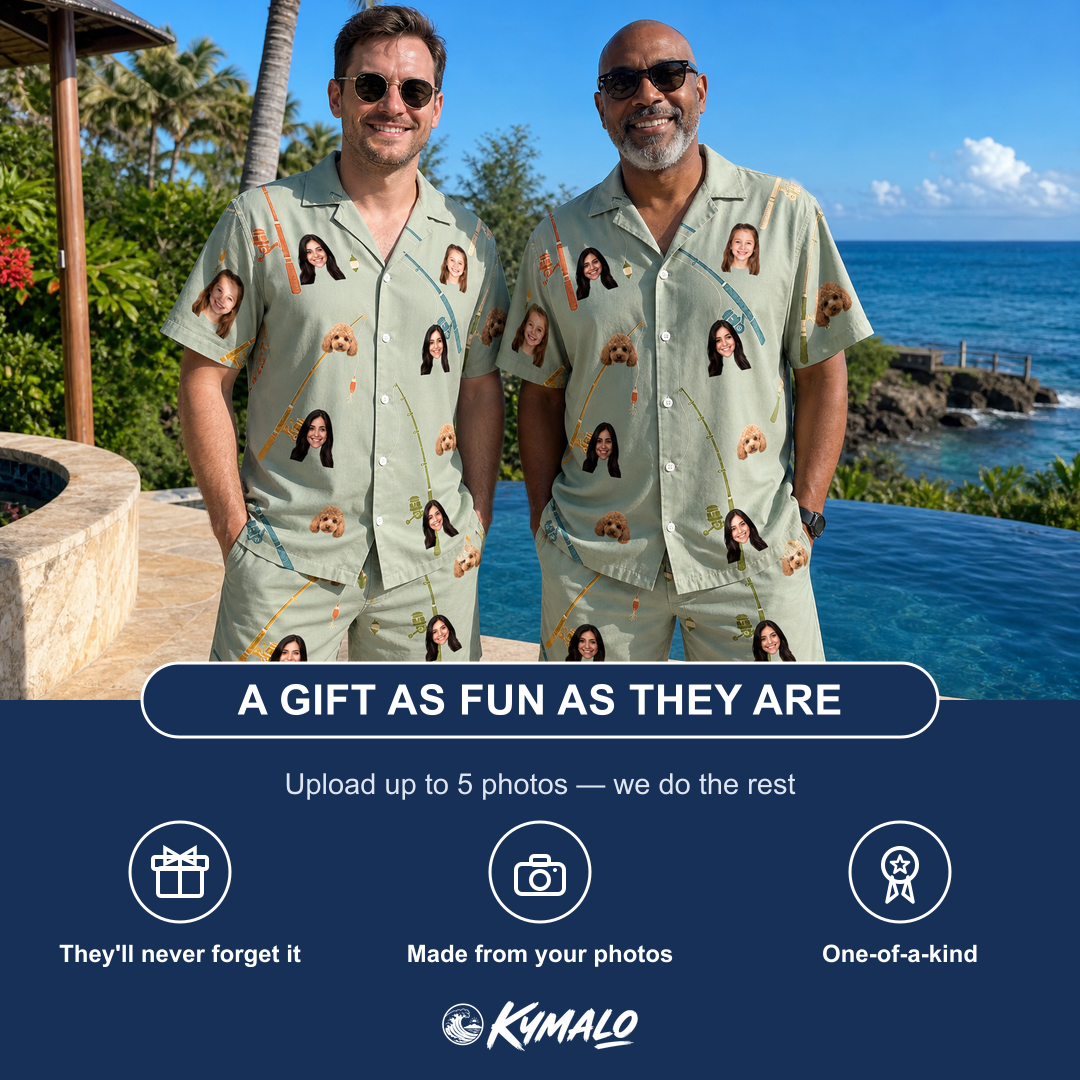 Friends in matching Men's Pole Position Custom Face Shirt & Shorts Set — a group gift photo