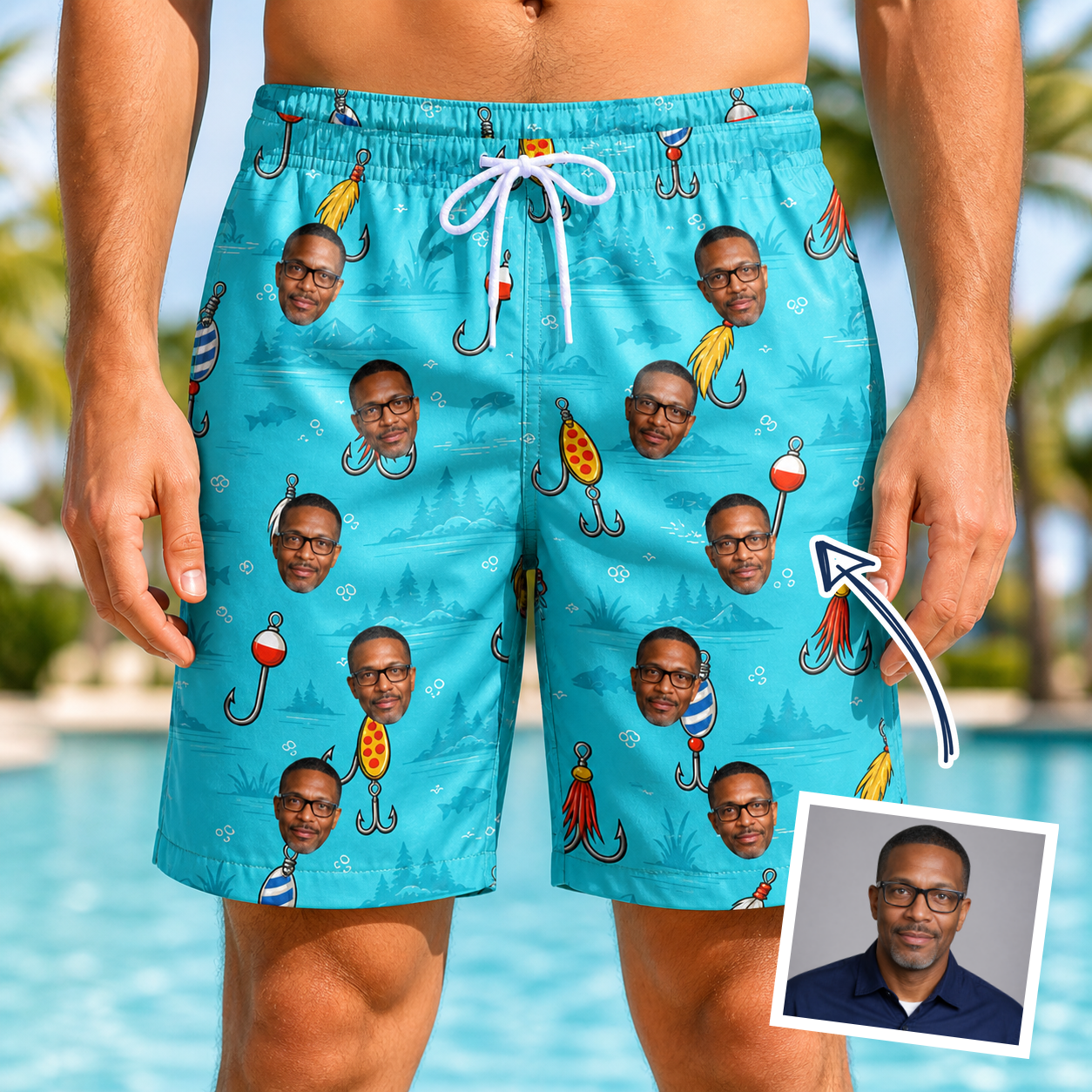 Man wearing Men's Barbed Banter Custom Face Beach Shorts — custom faces printed all-over