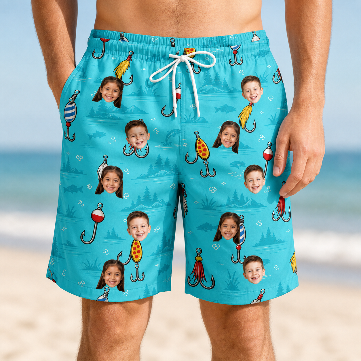 Model wearing Men's Barbed Banter Custom Face Beach Shorts printed with kids' faces