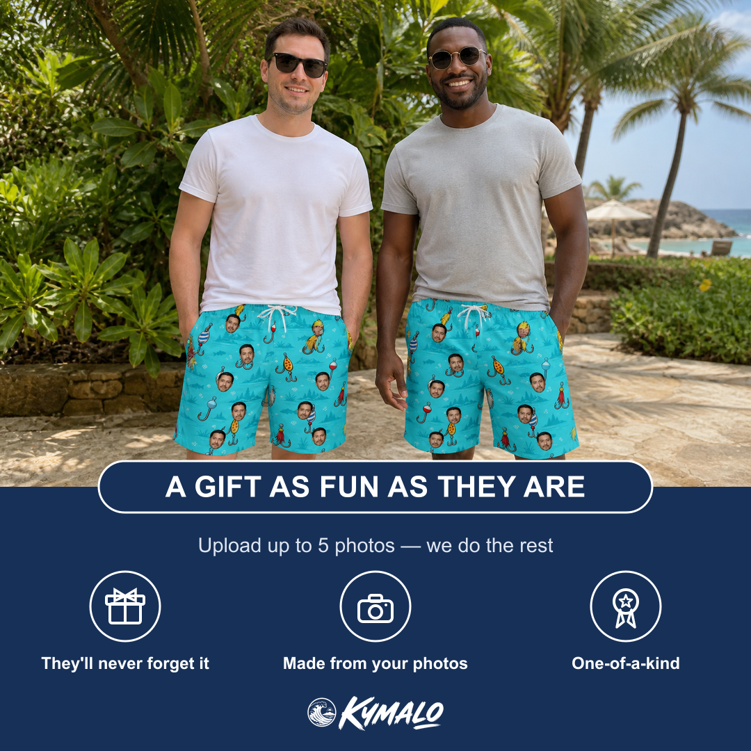 Friends in matching Men's Barbed Banter Custom Face Beach Shorts — a group gift photo