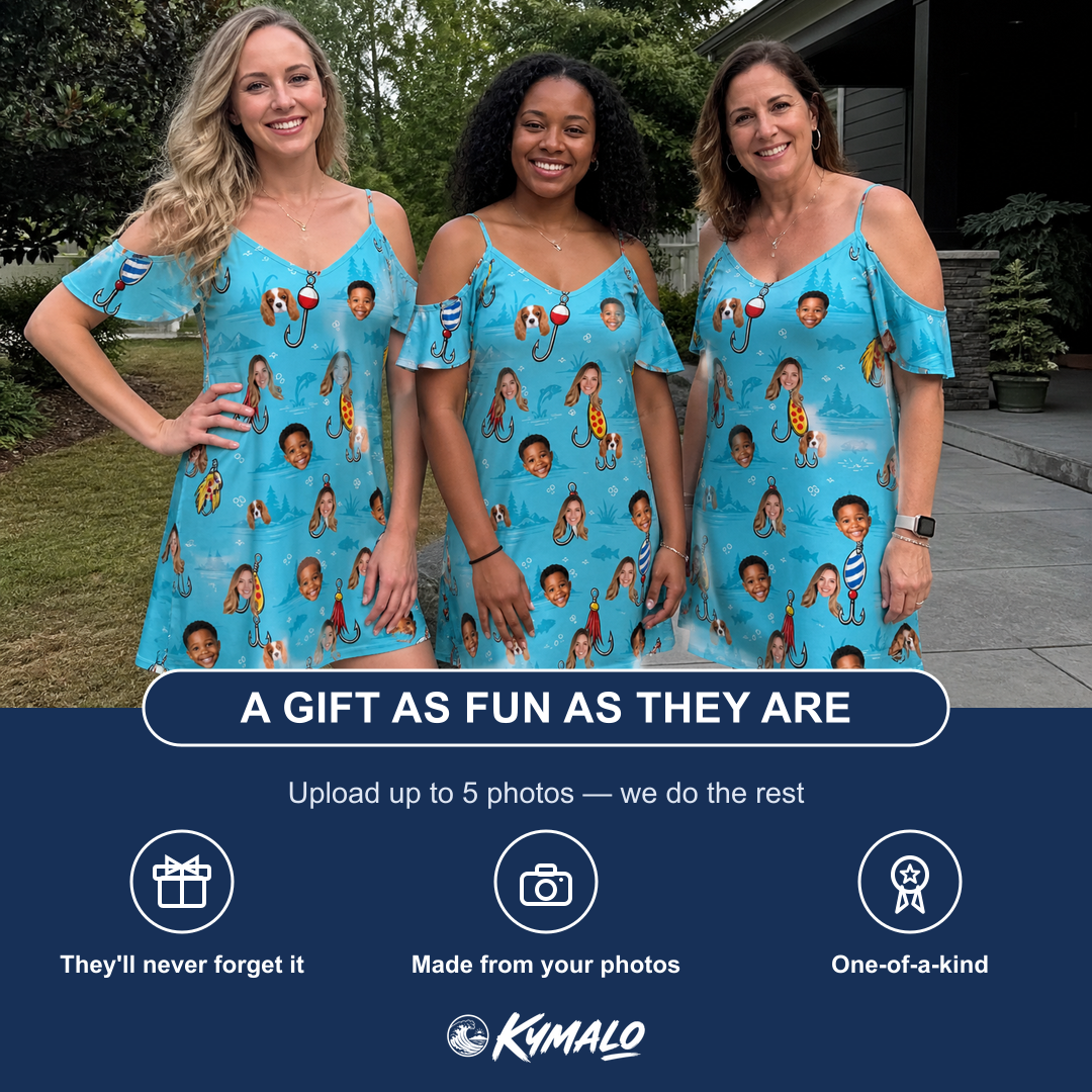 Friends in matching Women's Barbed Banter Custom Face Off-Shoulder Dress — a group gift photo