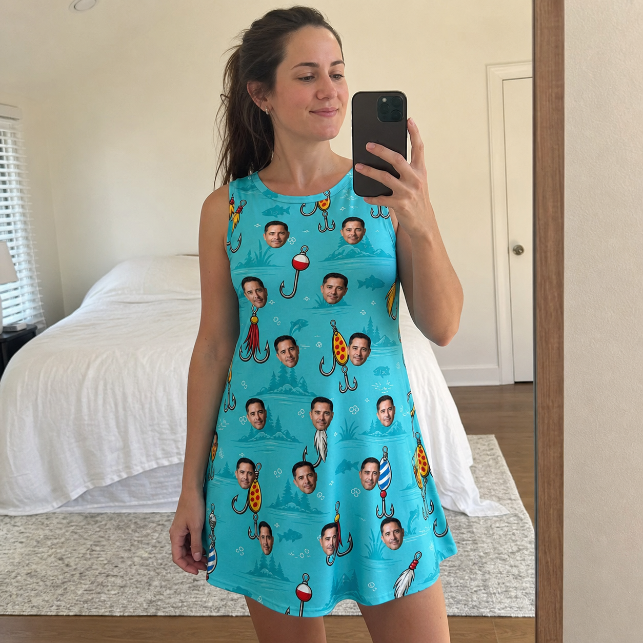 Real-life photo of someone wearing Women's Barbed Banter Custom Face Tank Dress — custom faces printed all-over