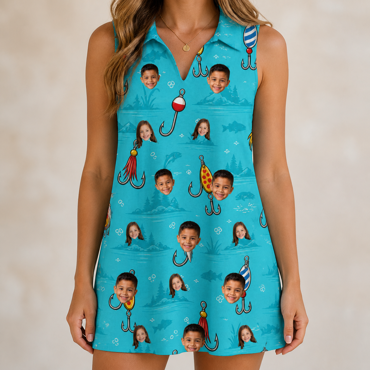 Model wearing Women's Barbed Banter Custom Face V-Neck Dress printed with kids' faces