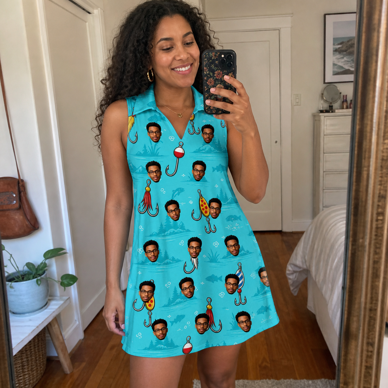 Real-life photo of someone wearing Women's Barbed Banter Custom Face V-Neck Dress — custom faces printed all-over