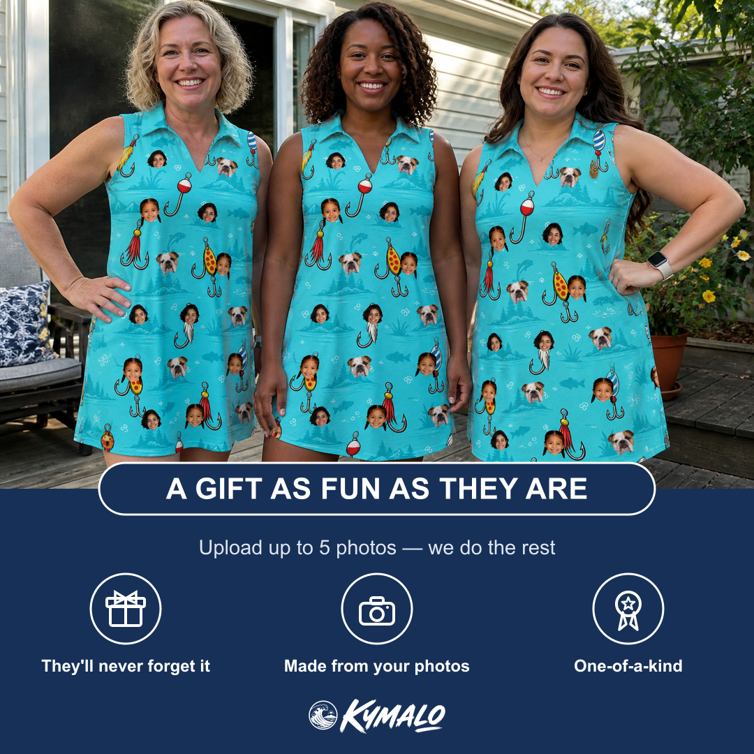 Friends in matching Women's Barbed Banter Custom Face V-Neck Dress — a group gift photo