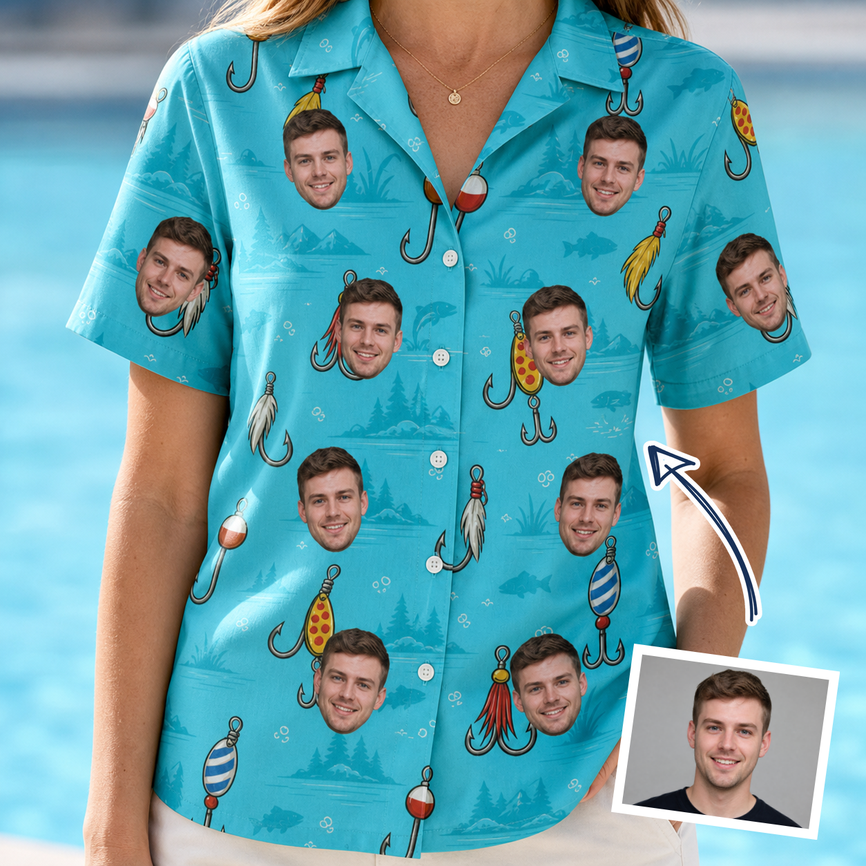 Woman wearing Women's Barbed Banter Custom Face Hawaiian Shirt — custom faces printed all-over