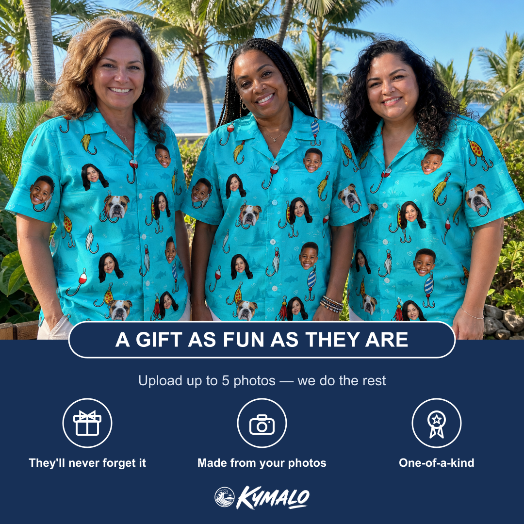 Friends in matching Women's Barbed Banter Custom Face Hawaiian Shirt — a group gift photo