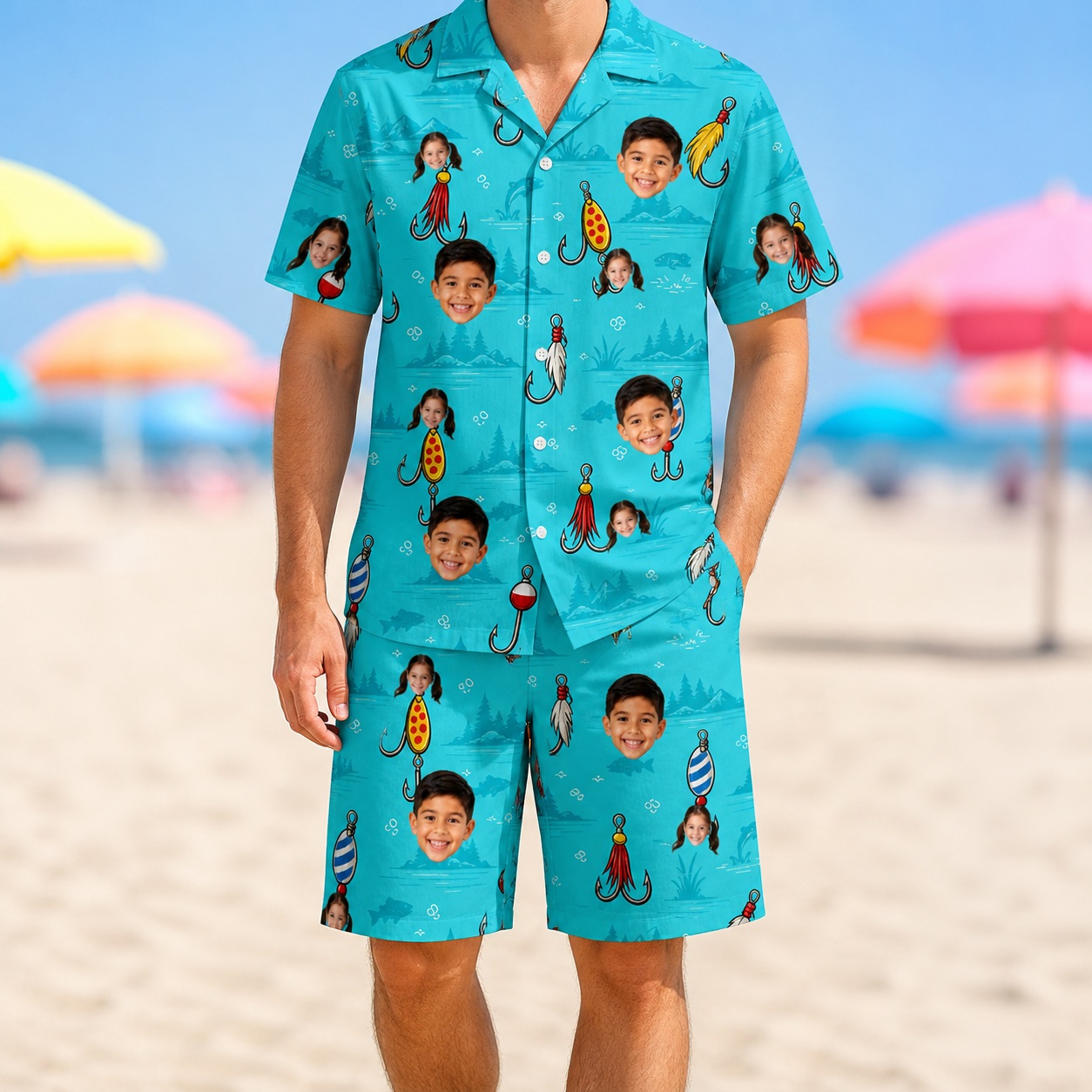 Model wearing Men's Barbed Banter Custom Face Shirt & Shorts Set printed with kids' faces