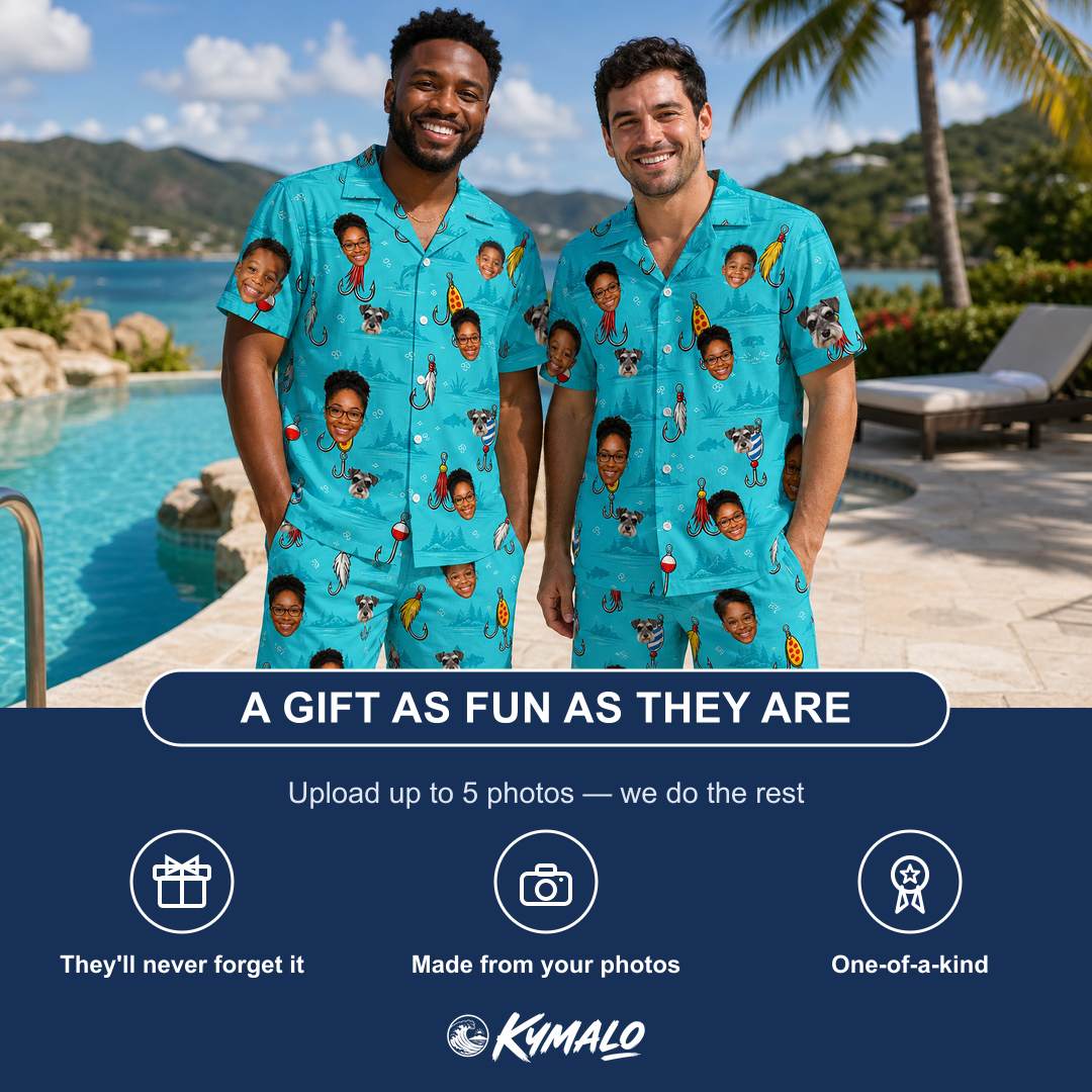 Friends in matching Men's Barbed Banter Custom Face Shirt & Shorts Set — a group gift photo